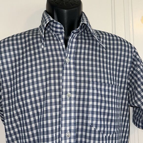 Vintage 60s/70s J.F. Austin Shirtmakers blue & white check short sleeve shirt - Picture 2 of 9